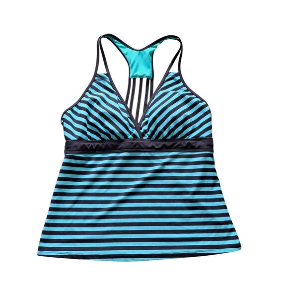 Title Nine Women's Size L Striped Turquoise  Black Tankini Swim Top Strappy Back - Picture 1 of 9